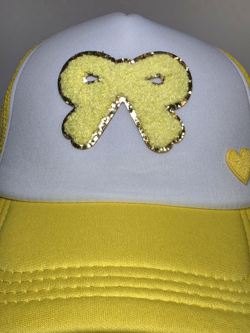 90s Inspired Yellow & White Woman's Trucker Hat with Bow Accent & Gold Glitter